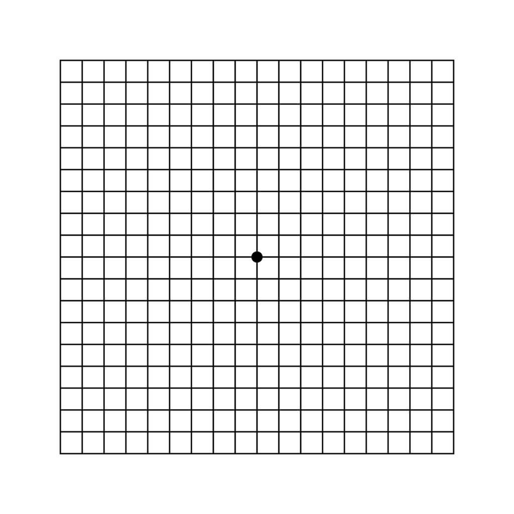 Amsler-Sehtest zur Früherkennung von Netzhauterkrankungen, bei dem sich ein kleiner schwarzer Kreis innerhalb eines Gitters befindet