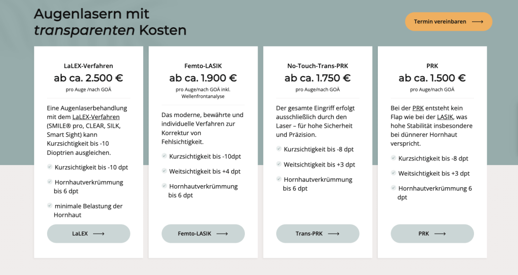 Preistabelle mit unterschiedlichen Augenlasermethoden und den dazugehörigen Kosten im AugenCentrum am Rothenbaum